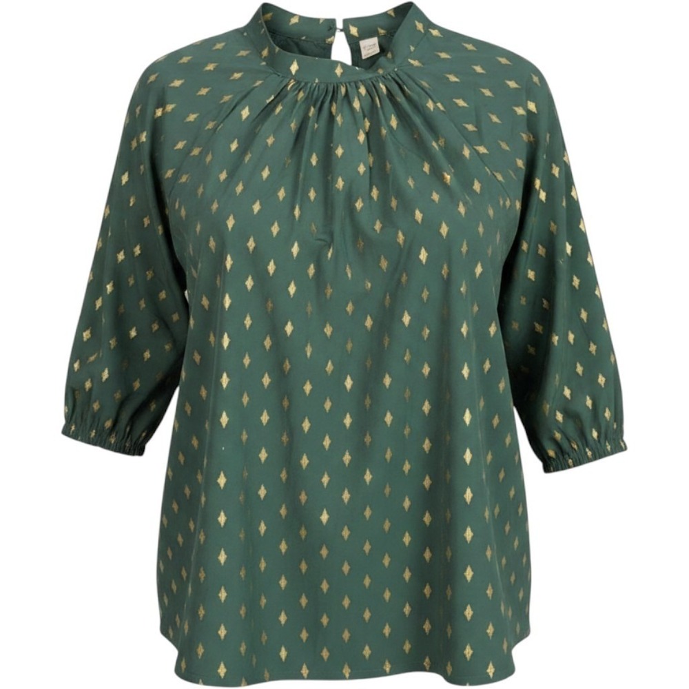 Womens 3XL Bell Sleeve Blouse Dark Green‎ Gold Geometric Print Office Workwear